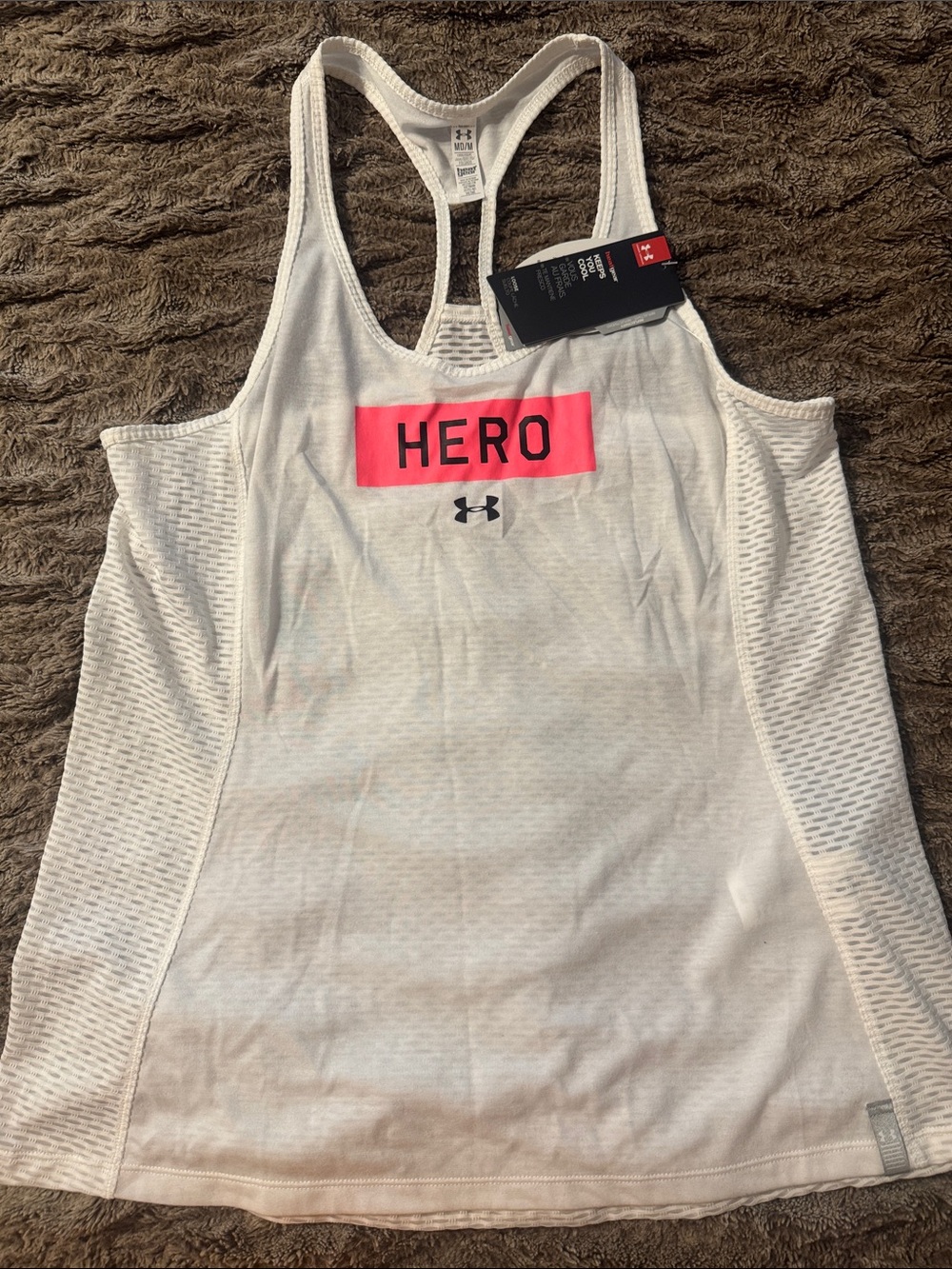 NWT - Under Armour White Racerback Tank with Pink HERO Panel